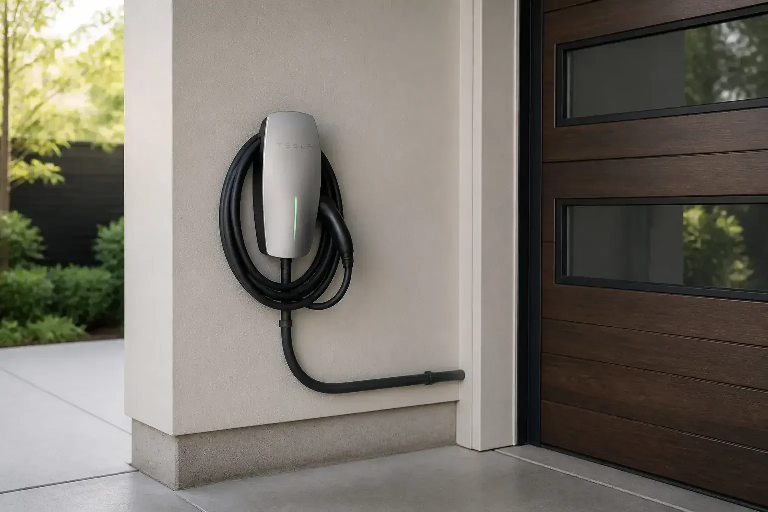 Finished EV charger mounted neatly on a garage wall