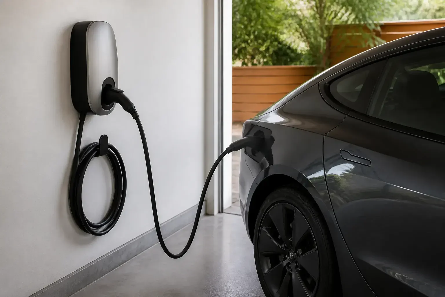 EV charger installed neatly beside a parked car
