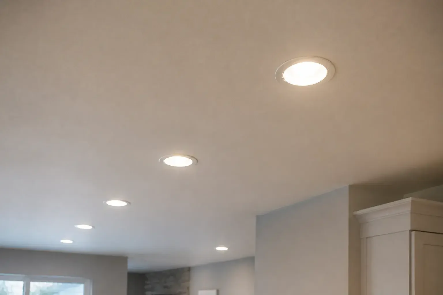Finished recessed lights glowing in a clean ceiling