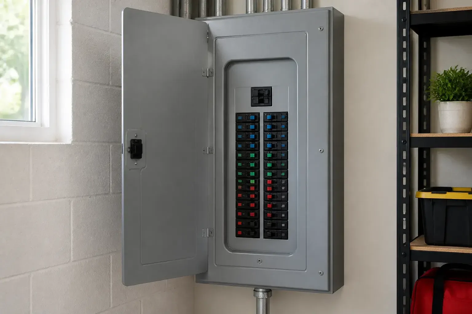 Modern breaker panel neatly installed in utility room