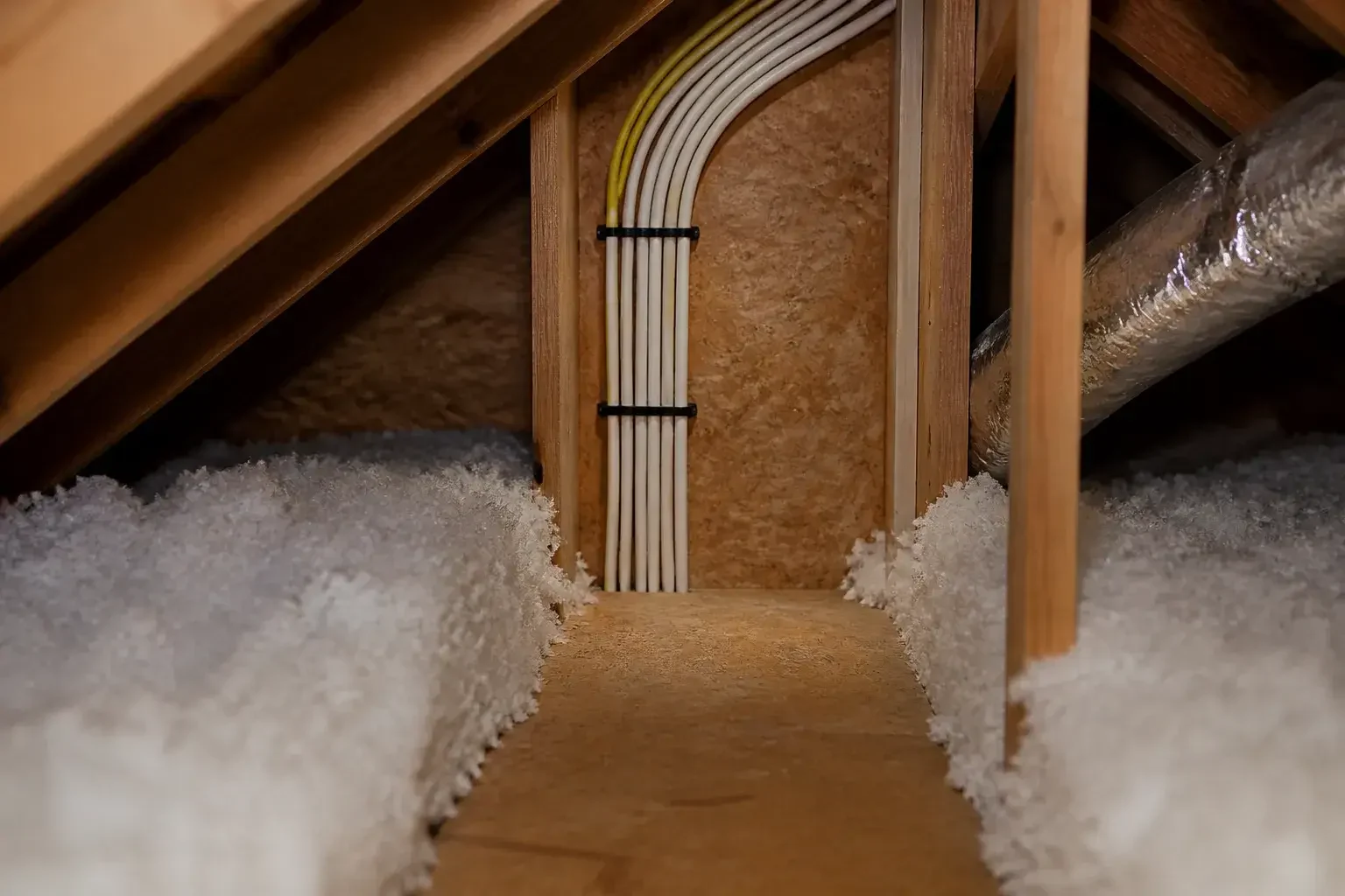 Neatly run wiring in a home attic access area