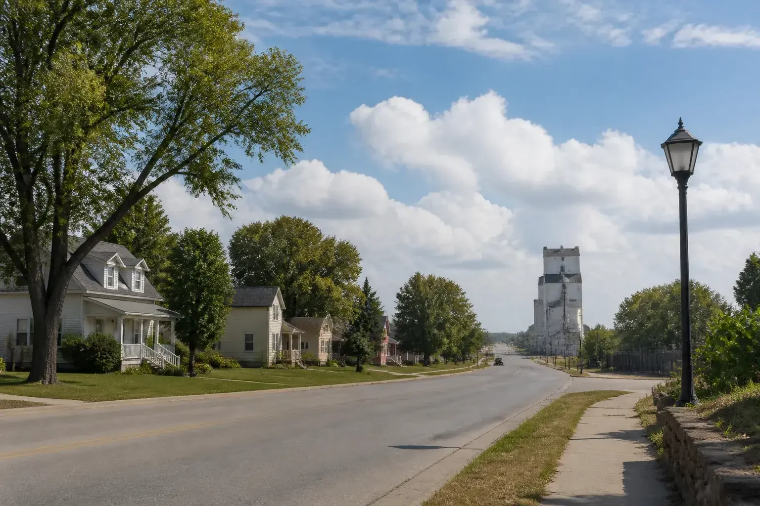 Cheney small-town street with homes and open sky