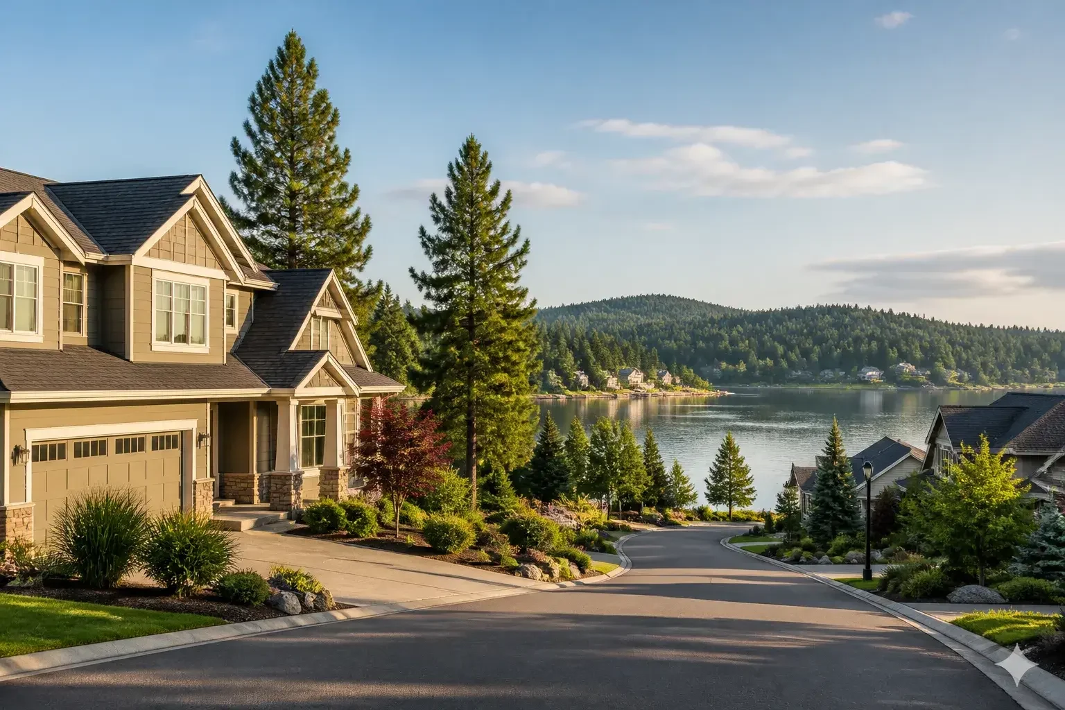 Liberty Lake neighborhood with water and evergreens
