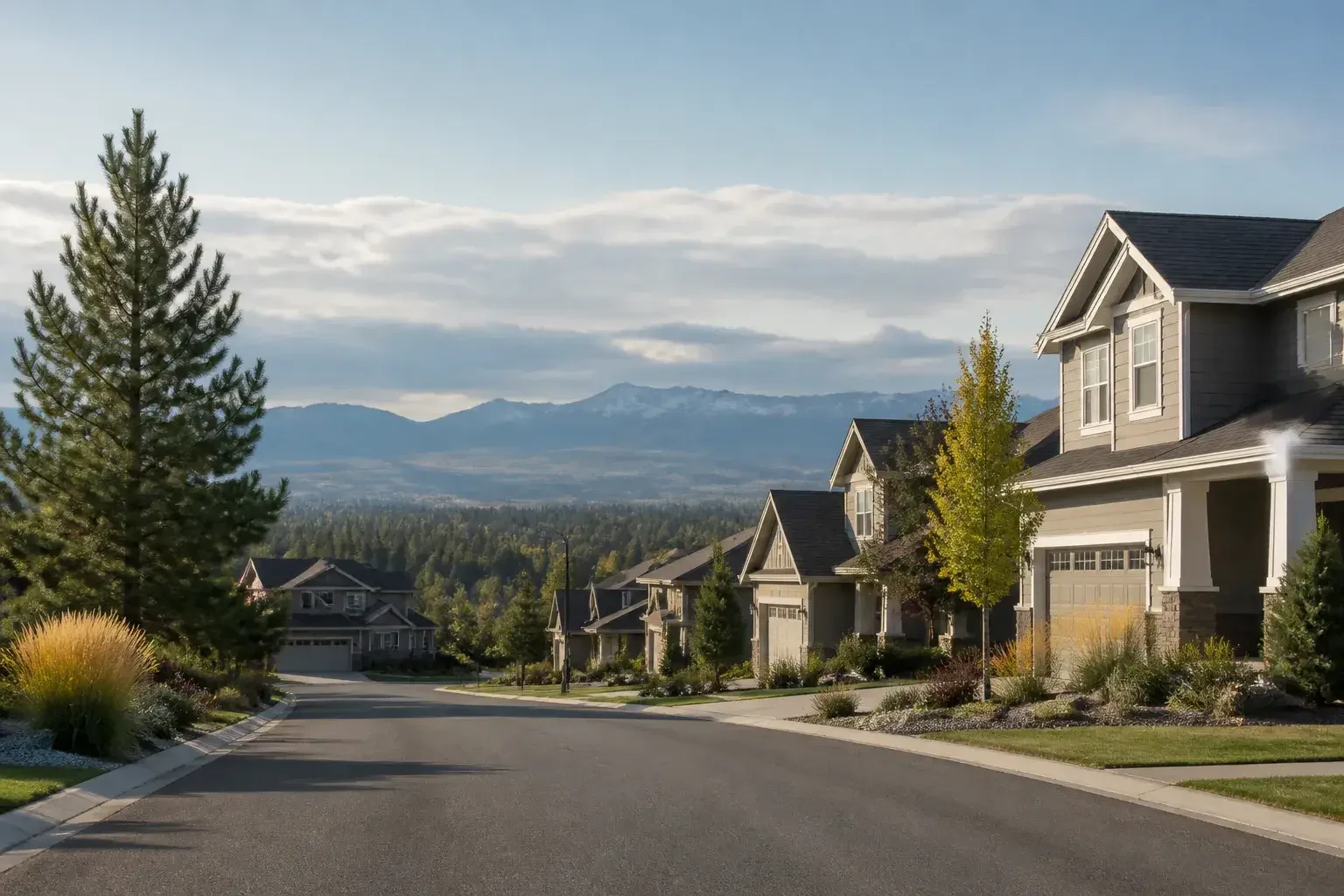 Spokane Valley neighborhood with homes and distant hills