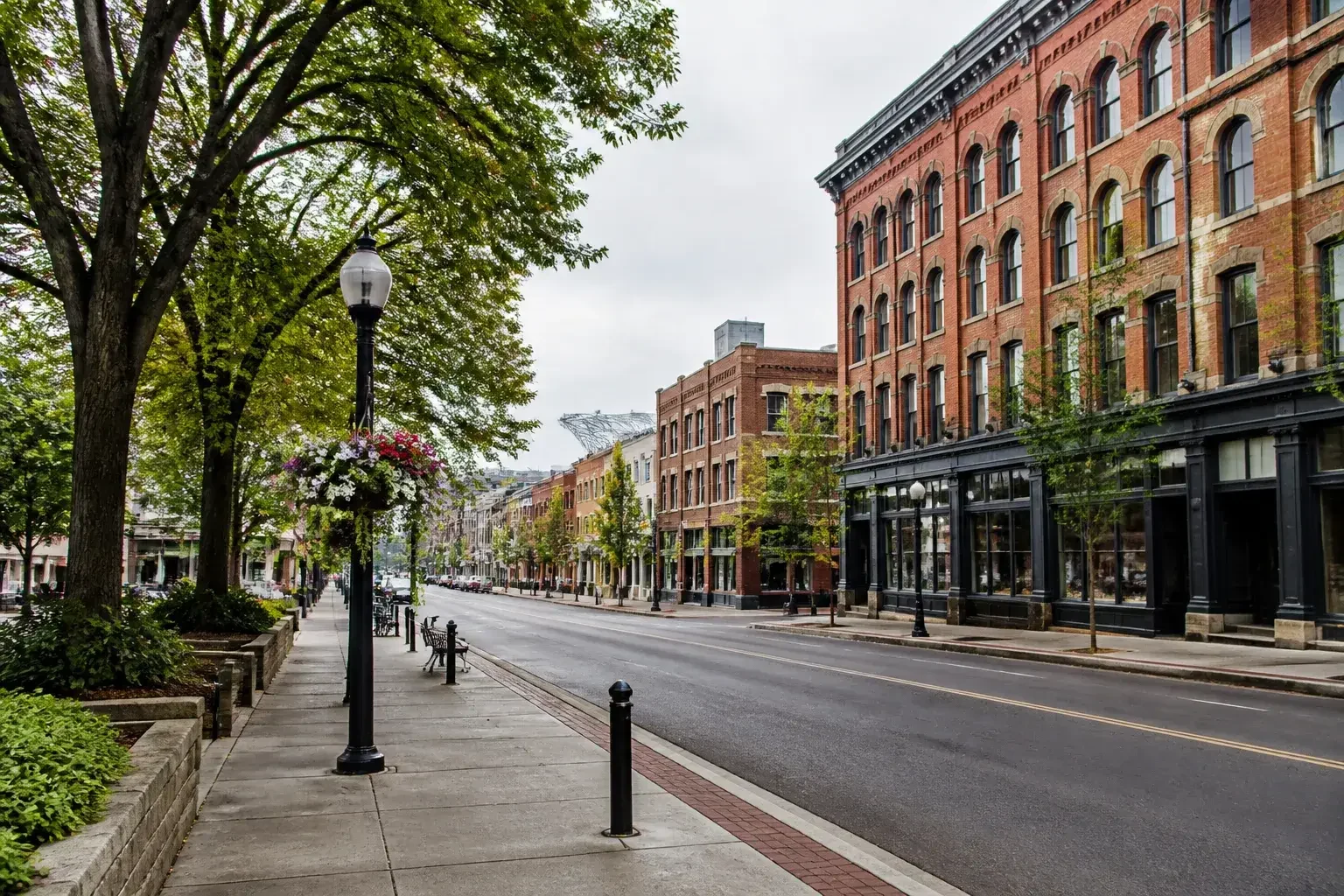 Spokane street with brick buildings and trees