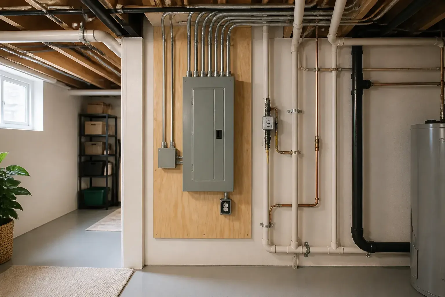 Neat basement utility room with completed rewiring